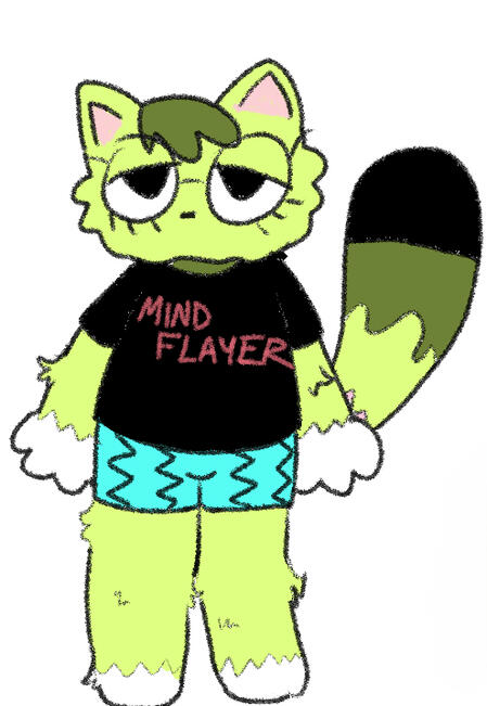 a small, green cat wearing a black shirt with the red text "MIND FLAYER" on it. they are also wearing little blue zig zag boxers.